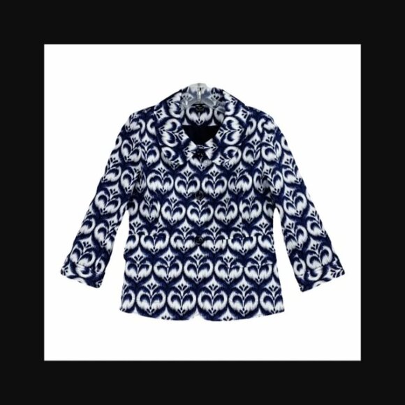 Ellen Tracy Ikat Print Peplum Style Blazer Jacket Blue White sz 8p,  /B15 - Picture 1 of 11